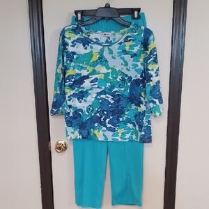 Teal Abstract Print Top with Straight Leg Teal Pants